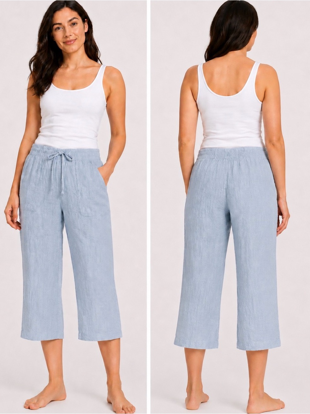Sigrid Olsen Linen Cropped Pants XL Blue Textured Crinkle Pull On Elastic Waist